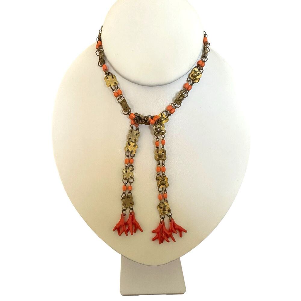 Boho Egyptian Revival FAIENCE CORAL Branch & Brass Filigree Lariat Necklace VTG